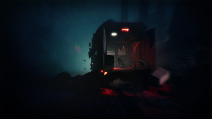 Unbranded vehicle interior in a dark, ominous environment with red lighting.