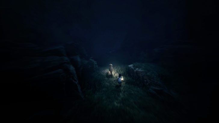 Unbranded characters walking through dark forest with one holding a lantern.