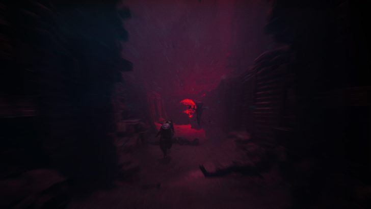 Unbranded scene depicting a person running in a dimly lit corridor with red lighting.