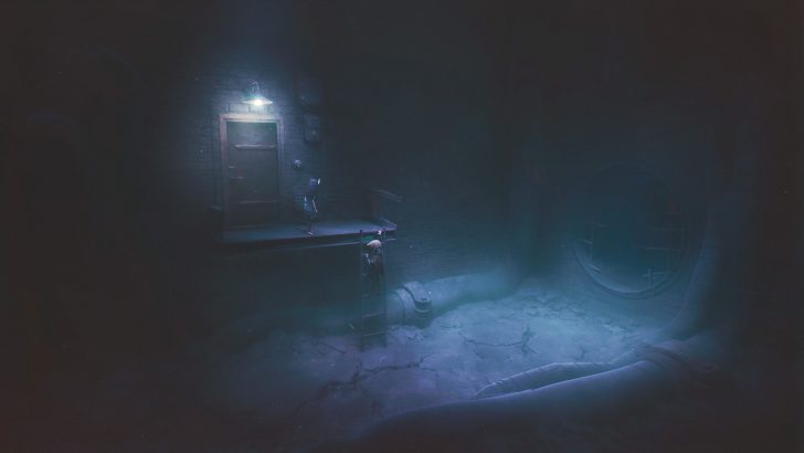 Two characters ascend a ladder in a dimly lit room with a door and a large pipe opening.