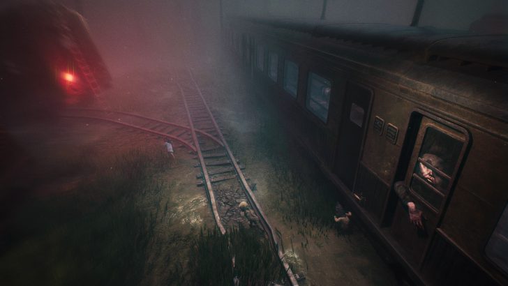 A dark train scene with a person peering out from a barred window, while figures walk next to the tracks.