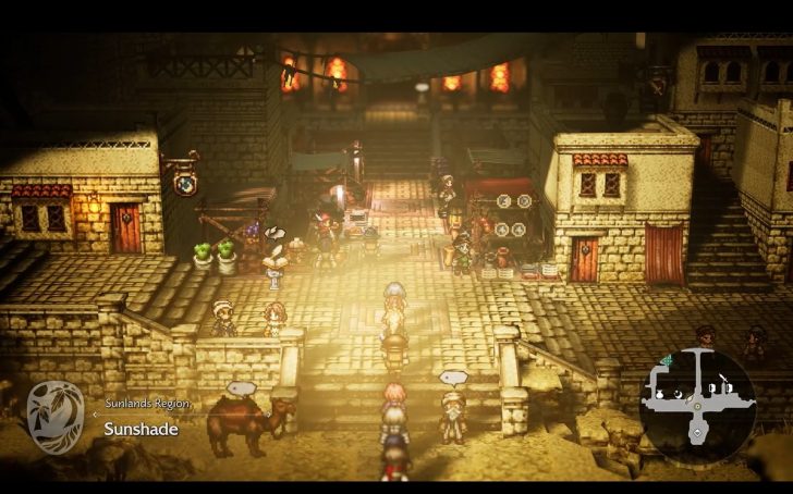 Octopath Traveler game scene with characters in a marketplace labeled “Sunshade” in the “Sunlands Region,” with dialogue bubbles above characters.