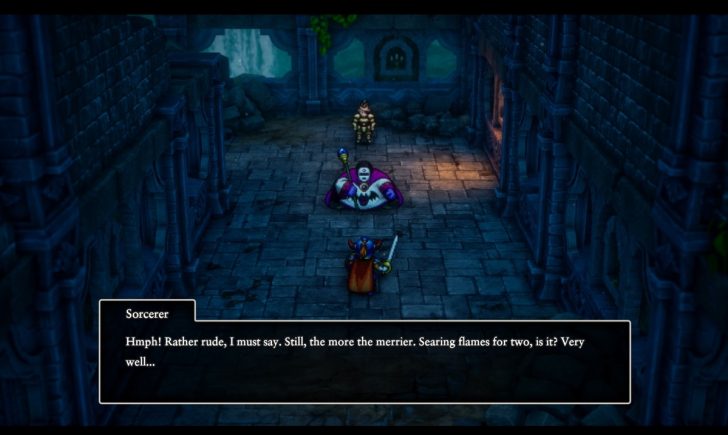 Sorcerer in a dungeon says, Rather rude, I must say. Still, the more the merrier. Searing flames for two, is it? Very well....