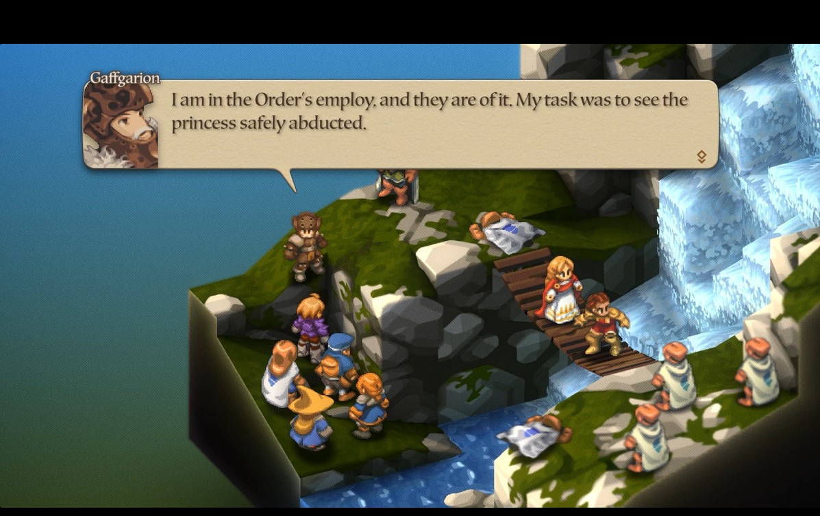 Character Gaffgarion speaks: I am in the Order's employ in a strategy game cutscene.