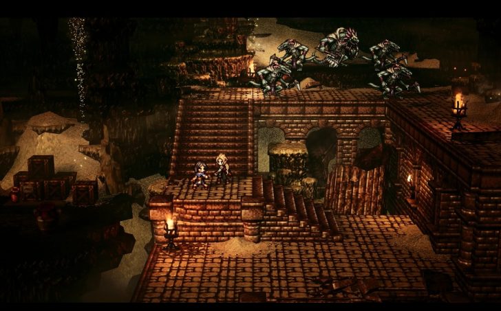 Pixel art scene with two characters on a stone staircase facing creatures descending from above in a dungeon setting.