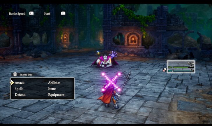 A character in a battle scene selects Attack against an enemy in a ruined stone setting.