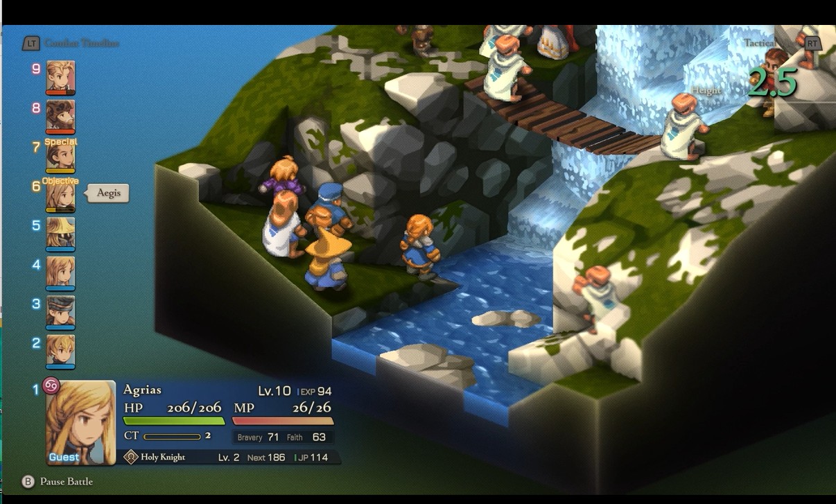 Final Fantasy Tactics game screen displaying character Agrias, HP 206/206, MP 26/26, and action Pause Battle option.