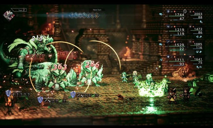 A battle scene from Octopath Traveler II with character stats displayed on the right and text Next Turn at the top.