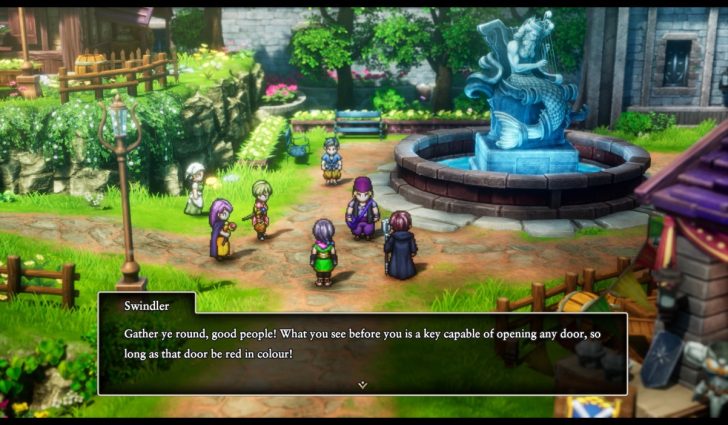 Video game scene with characters gathered around a fountain, dialogue reads: Swindler: Gather ye round, good people!