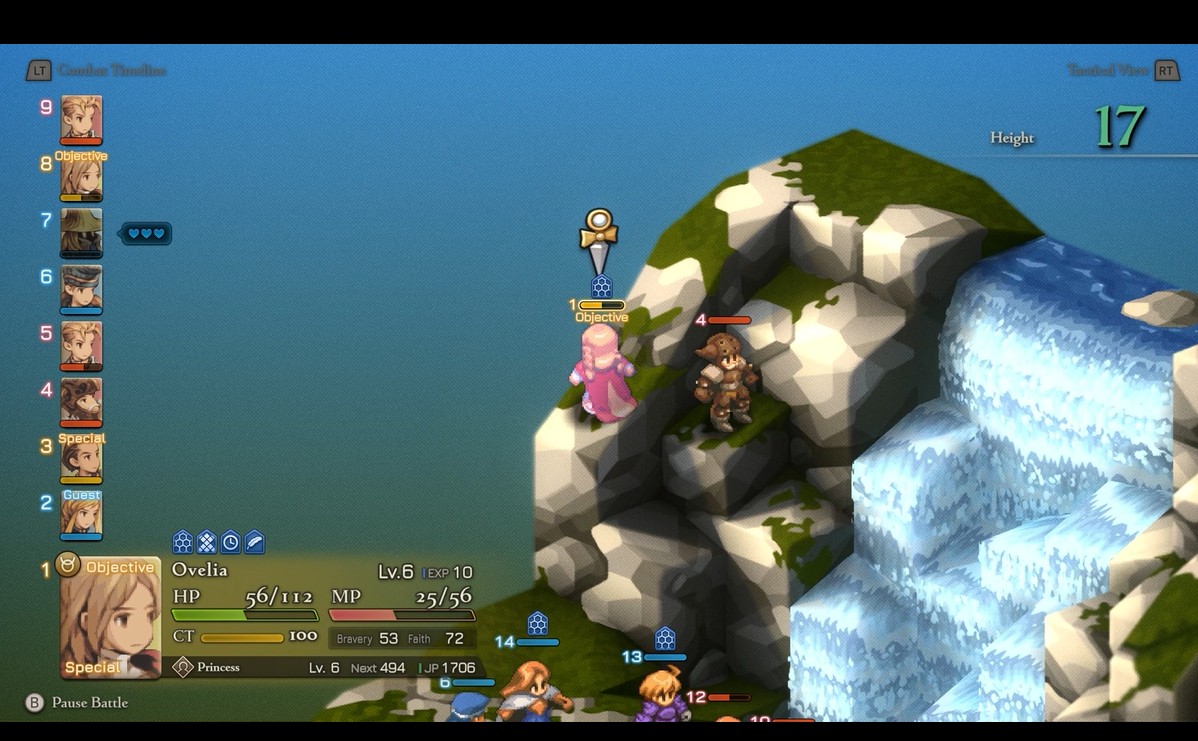 Game UI showing Ovelia with HP 56/112 and MP 25/56 on rocky terrain near a waterfall.