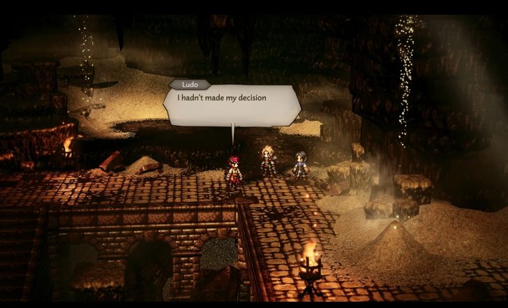 Three characters stand in a cave setting with dialogue reading “I hadn’t made my decision.”