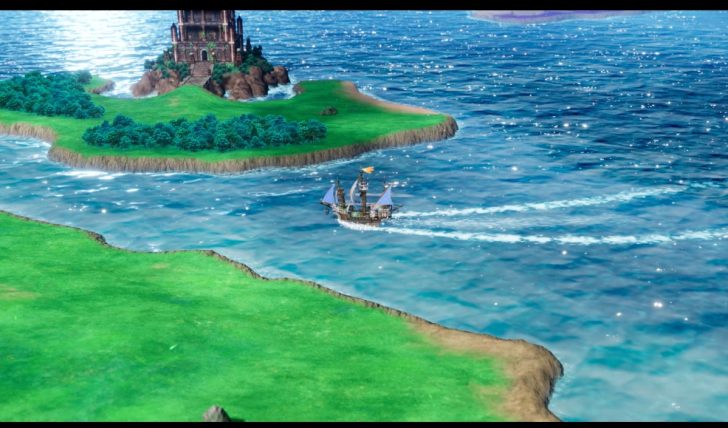 A ship sails in a colorful animated landscape with an island and a castle.