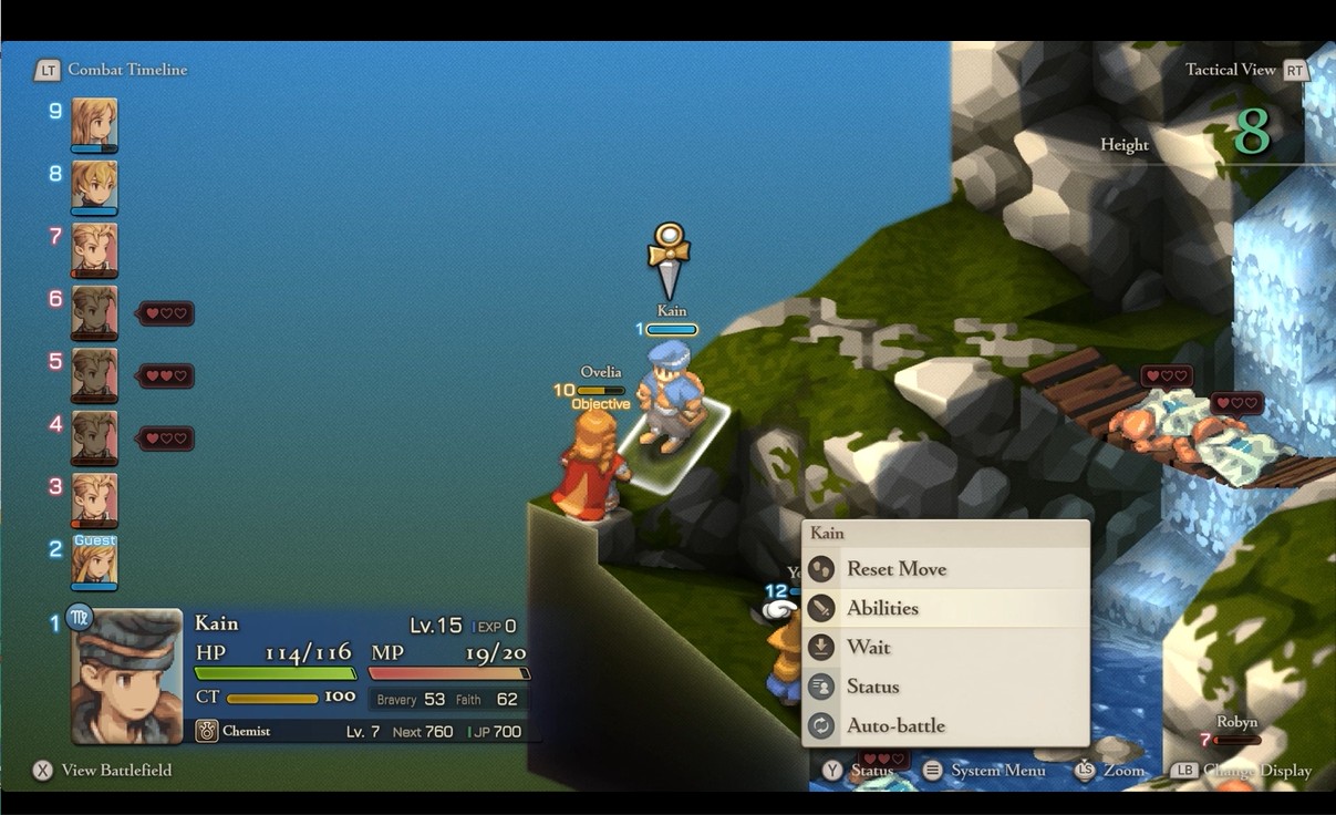 Video game scene featuring Kain with menu options like Abilities and Auto-battle, next to Ovelia marked as Objective.
