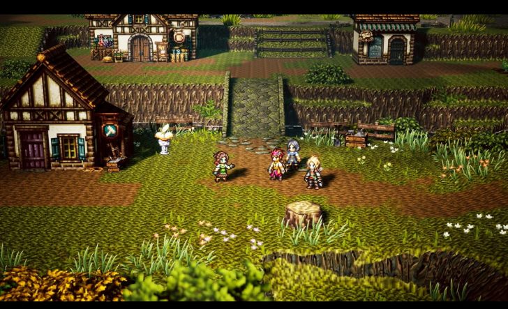 Four characters stand in a pixelated village setting from the game Octopath Traveler II.