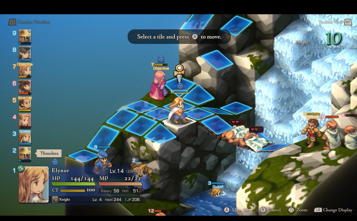 Tactical grid video game showing “Elynor” with HP 144/144 and MP 22/22, displaying “Select a tile and press A to move.”