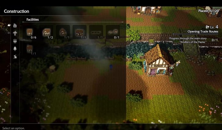 Opening Trade Routes UI screen showing construction facilities and progress objectives in a game.