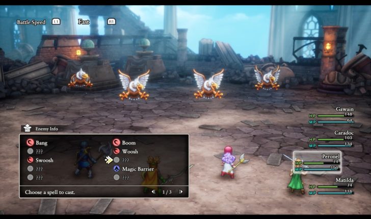 Video game battle screen showing spells like Bang, Boom, Swoosh, and Magic Barrier with three eagle creatures.