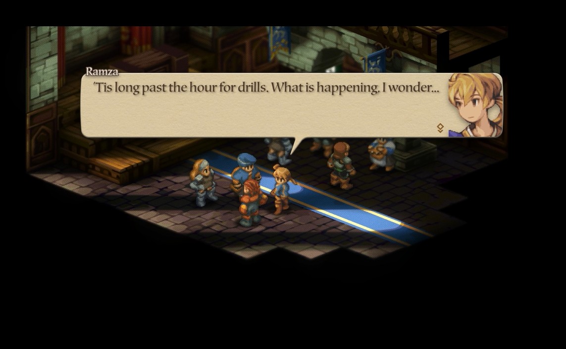 Game scene with text: 'Tis long past the hour for drills. What is happening, I wonder....
