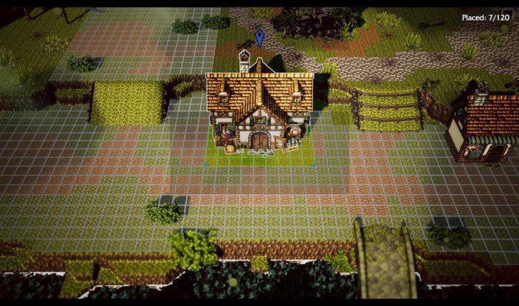 Retro video game scene with house on tiled grid, text reads “Placed: 7/120” in top right corner.