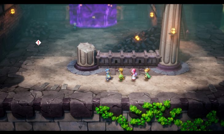 Characters are in an ancient stone corridor next to a ruined pillar with a purple barrier in the background.