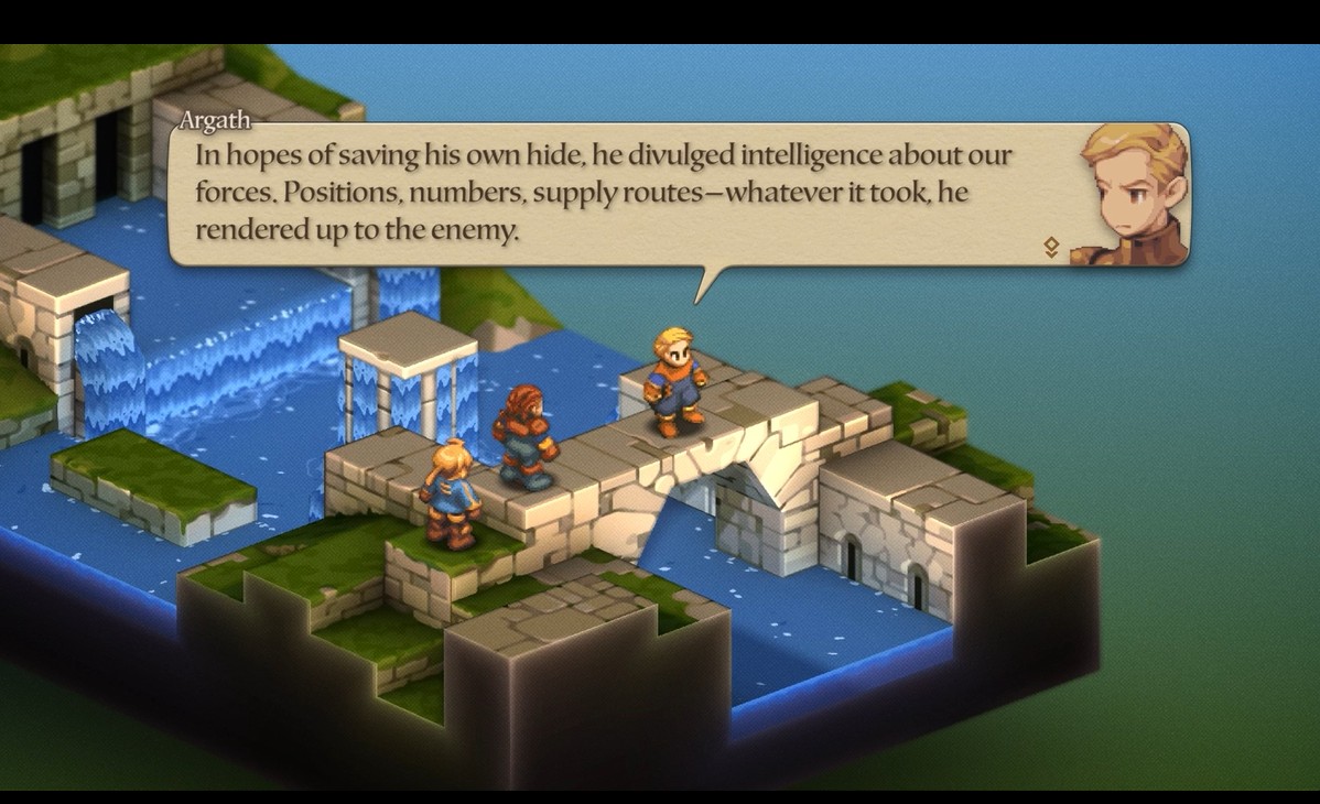 Characters on a stone bridge in a game with dialogue: “In hopes of saving his own hide... from Argath.”