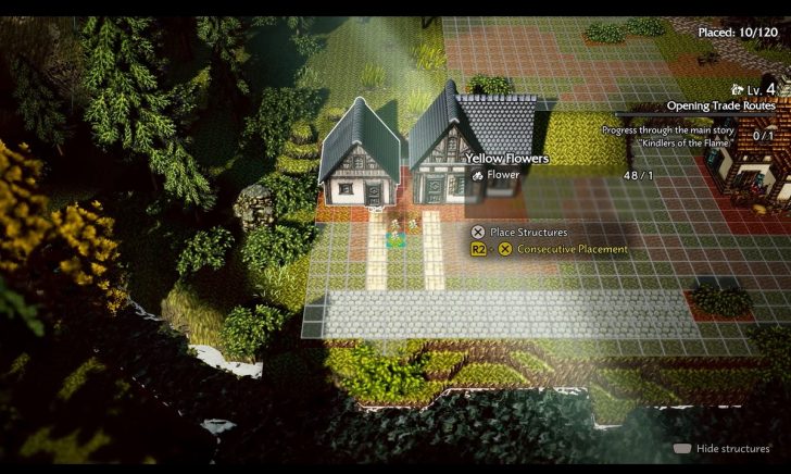 Video game screen with instructions for Place Structures and R2 + X Consecutive Placement near two houses labeled Yellow Flowers.