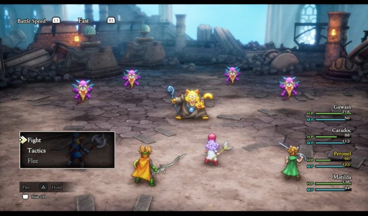 Game battle screen with options Fight, Tactics, and Flee, featuring characters Gawain, Caradoc, Peronel, and Matilda.