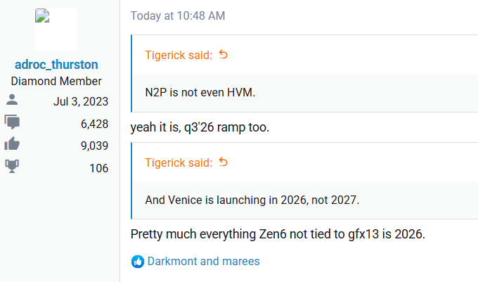Online forum post by adroc_thurston with replies mentioning N2P, q3'26, and Venice is launching in 2026, not 2027.
