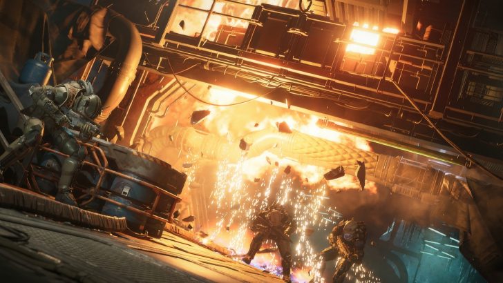 Armored soldiers in combat in an industrial setting with explosions and debris.