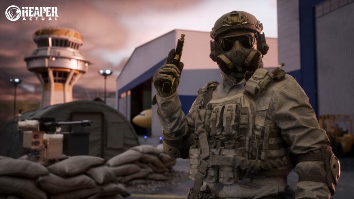 Soldier in tactical gear with gun stands in front of military base, text reads REAPER ACTUAL.