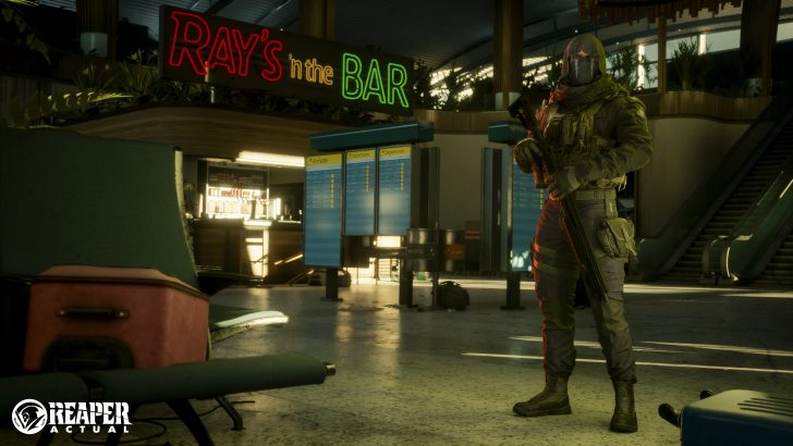A soldier stands in front of Ray's in the Bar sign at an airport with travel boards and REAPER ACTUAL logo visible.