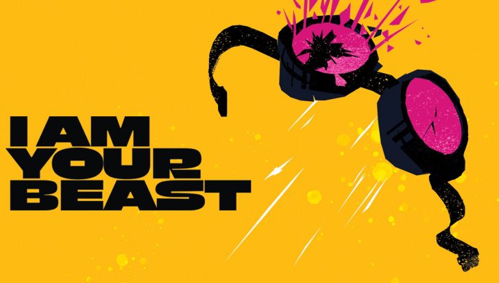 Text I AM YOUR BEAST in bold black letters next to stylized pink and black goggles on a bright yellow background.