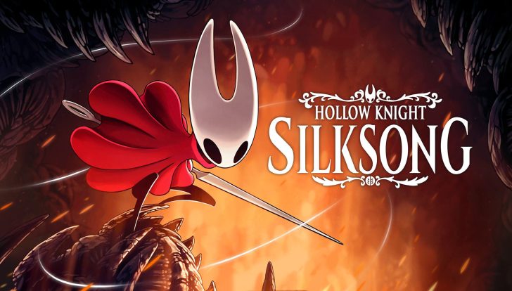 Hollow Knight: Silksong video game title screen features a character in a dynamic pose.