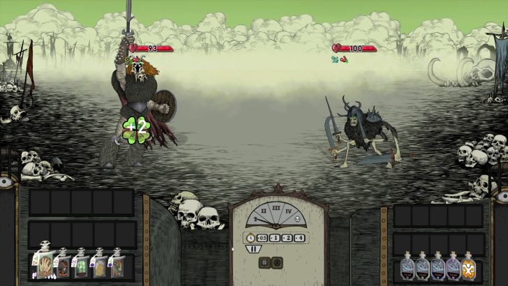 Two characters battle with health bars labeled 93 and 100 in a digital game interface with a clover icon showing +2.