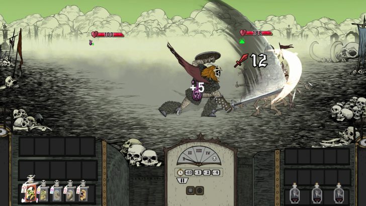 A character battles a monster in a dark cartoon game with stats showing +5 and -12.