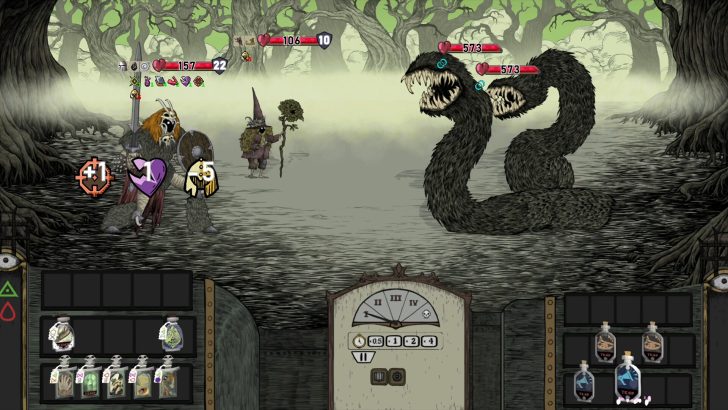 A video game interface shows a battle scene with character stats and items in a dark forest.