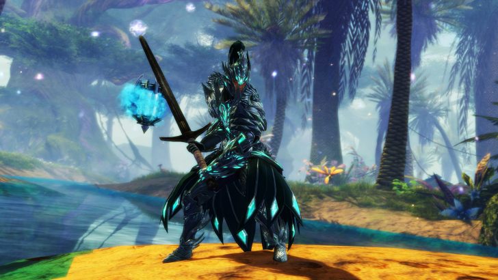 Armored character with sword in fantasy forest setting.