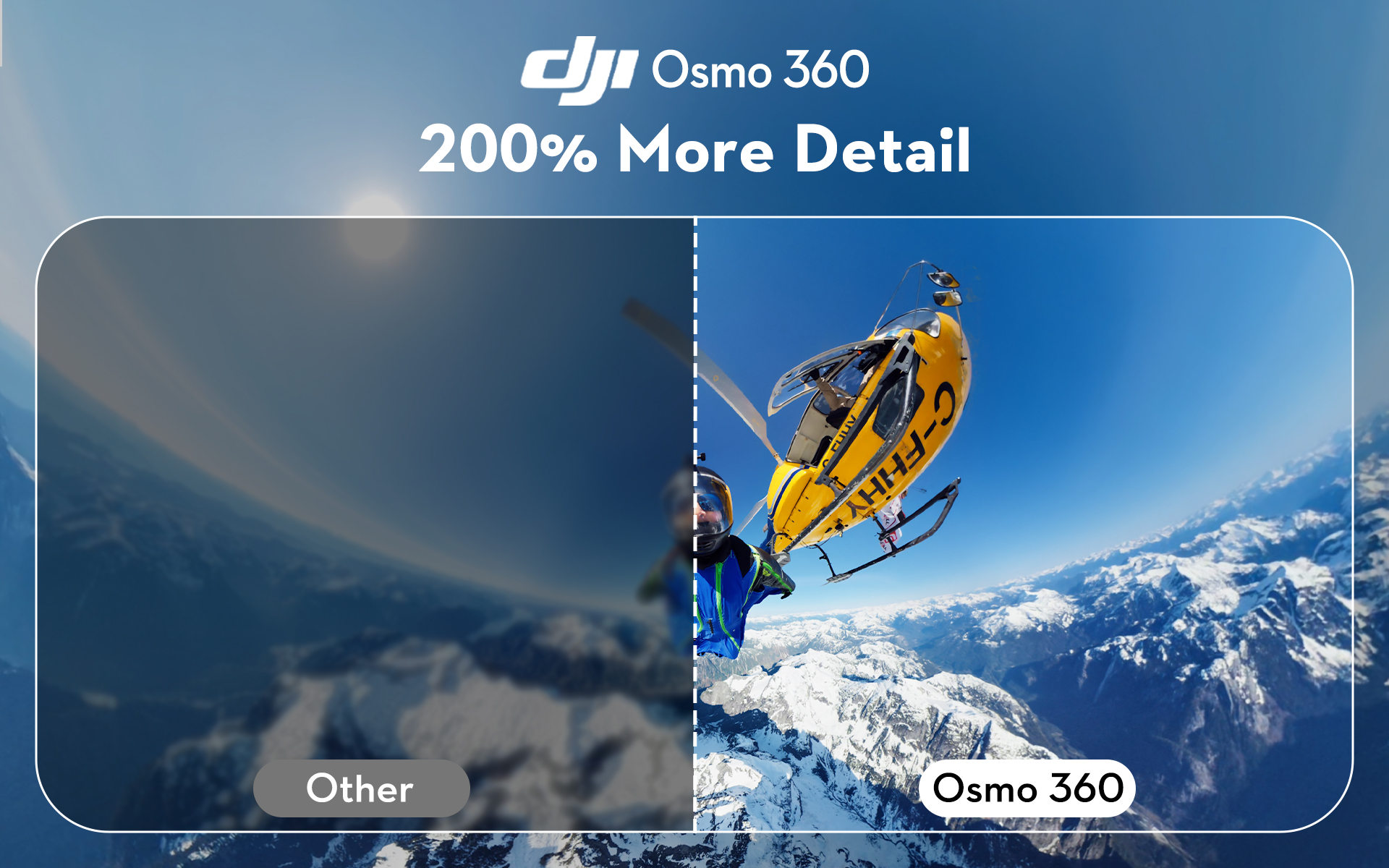 DJI Osmo 360 advertisement showing 200% More Detail with side-by-side image comparison.
