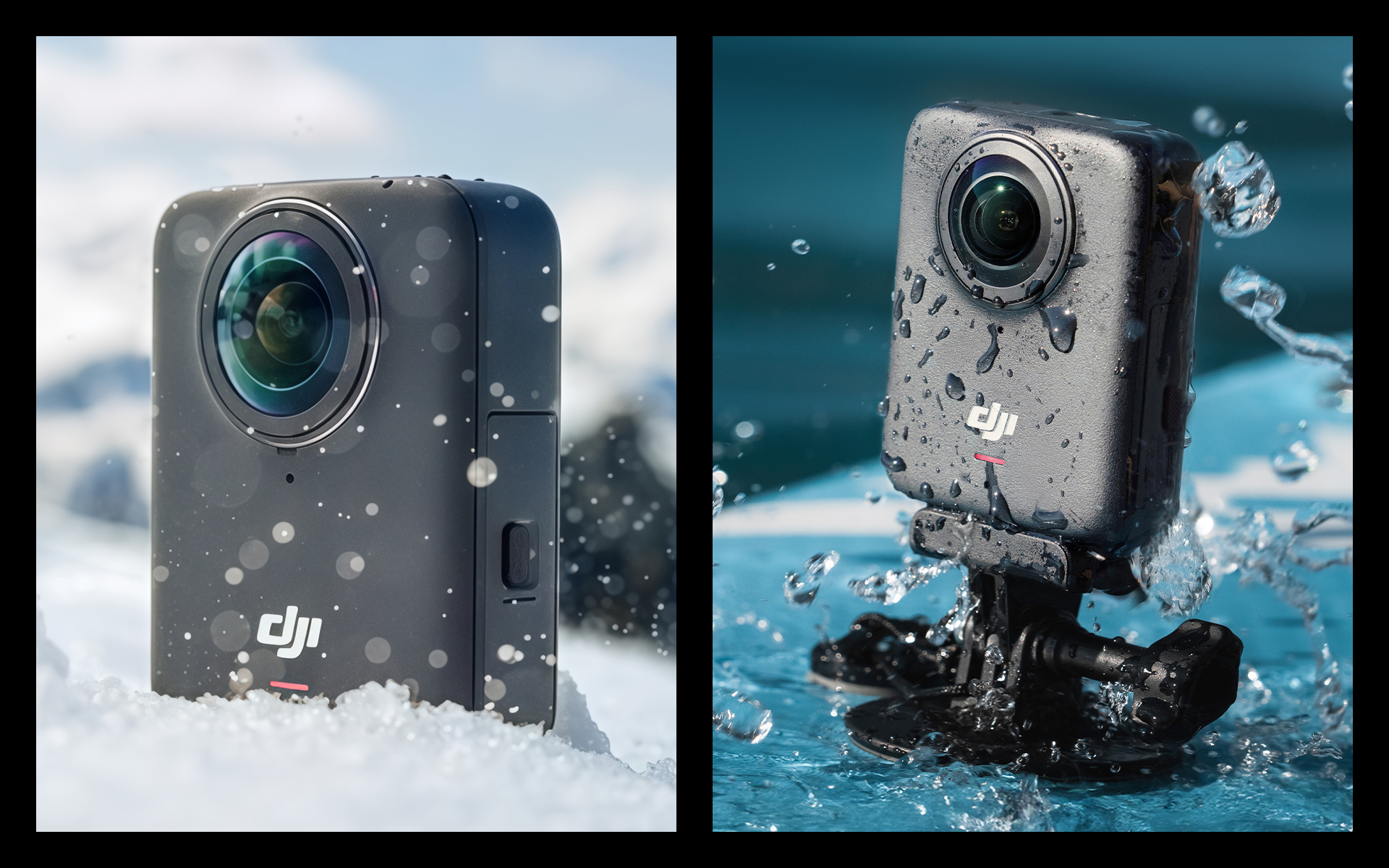 DJI camera with water droplets in snow and water settings, showcasing the brand logo.