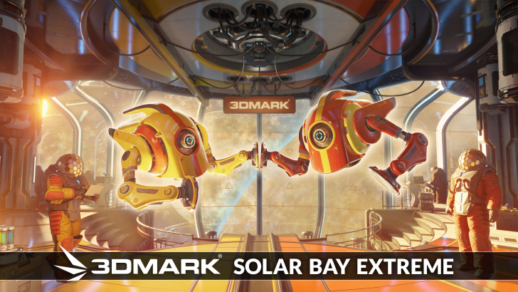 3DMark Solar Bay Extreme in a futuristic space setting with two robotic arms meeting.