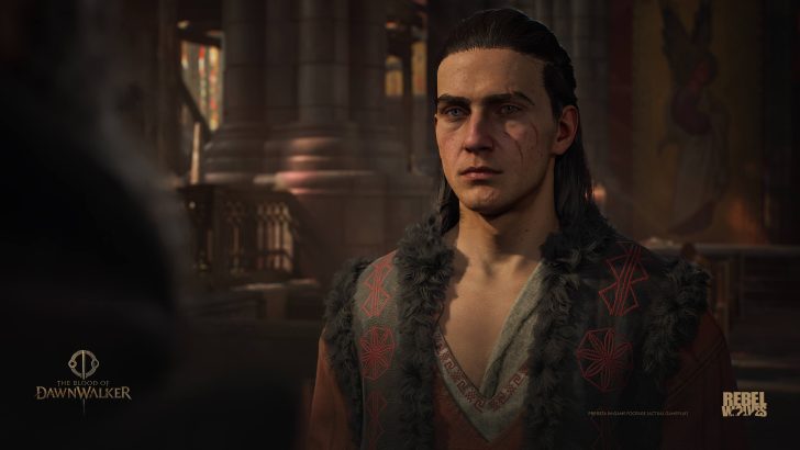 Character from The Blood of Dawnwalker in a cathedral, with Rebel Wolves logo and Pre-eta in-game footage text.