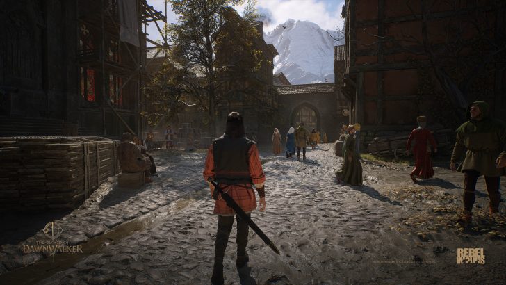 Character with a sword walks through a medieval town, featuring The Blood of Dawnwalker and REBEL WOLVES logos.