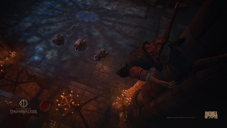 The Blood of Dawnwalker gameplay by Rebel Wolves, showing a character on a pillar and three creatures below.