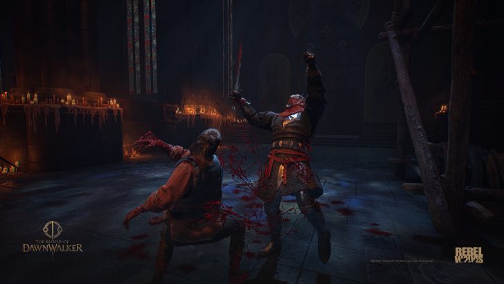 The Blood of Dawnwalker gameplay scene with a sword fight, displaying Rebel Wolves logo and text PRE-BETA IN-GAME FOOTAGE.