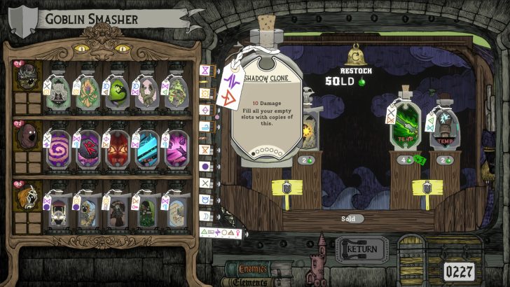 Shadow Clone in the Goblin Smasher game deals 10 damage, restock section shows SOLD with a counter reading 0227.