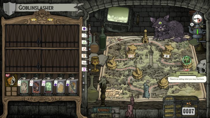 GOBLINSLASHER game screen with a map, purple cat, potion bottles, and text Hidden Event showing There's no telling what you may find here.