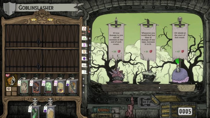 Goblin Slasher game screen with banners saying “15 true damage to you and “Whenever you would deal less than 12 against a green background.