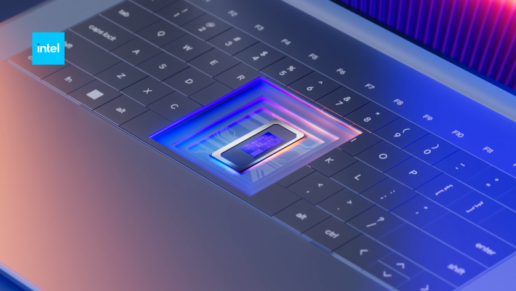 Intel logo above a keyboard highlighting a processor chip amid glowing blue and purple lights.
