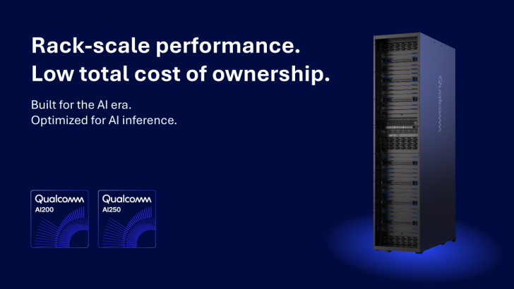Qualcomm server emphasizing Rack-scale performance and Low total cost of ownership, featuring AI200 and AI250 models.