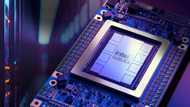 Intel Gaudi chip in a server setting with “intel GAUDI” text visible.